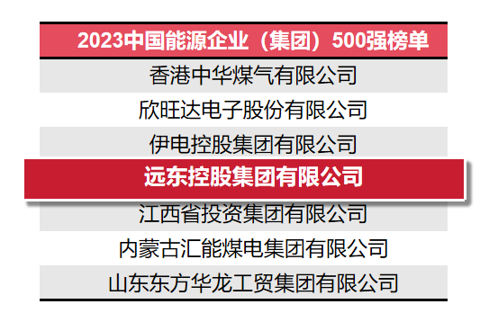 2023中国能源企业500强榜单重磅发布 远东控股实力上榜